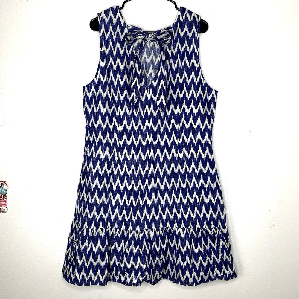 J Crew TIE BACK BOW Zig Zag Ikat LINEN DRESS XL Cottagecore Lagenlook Homestead